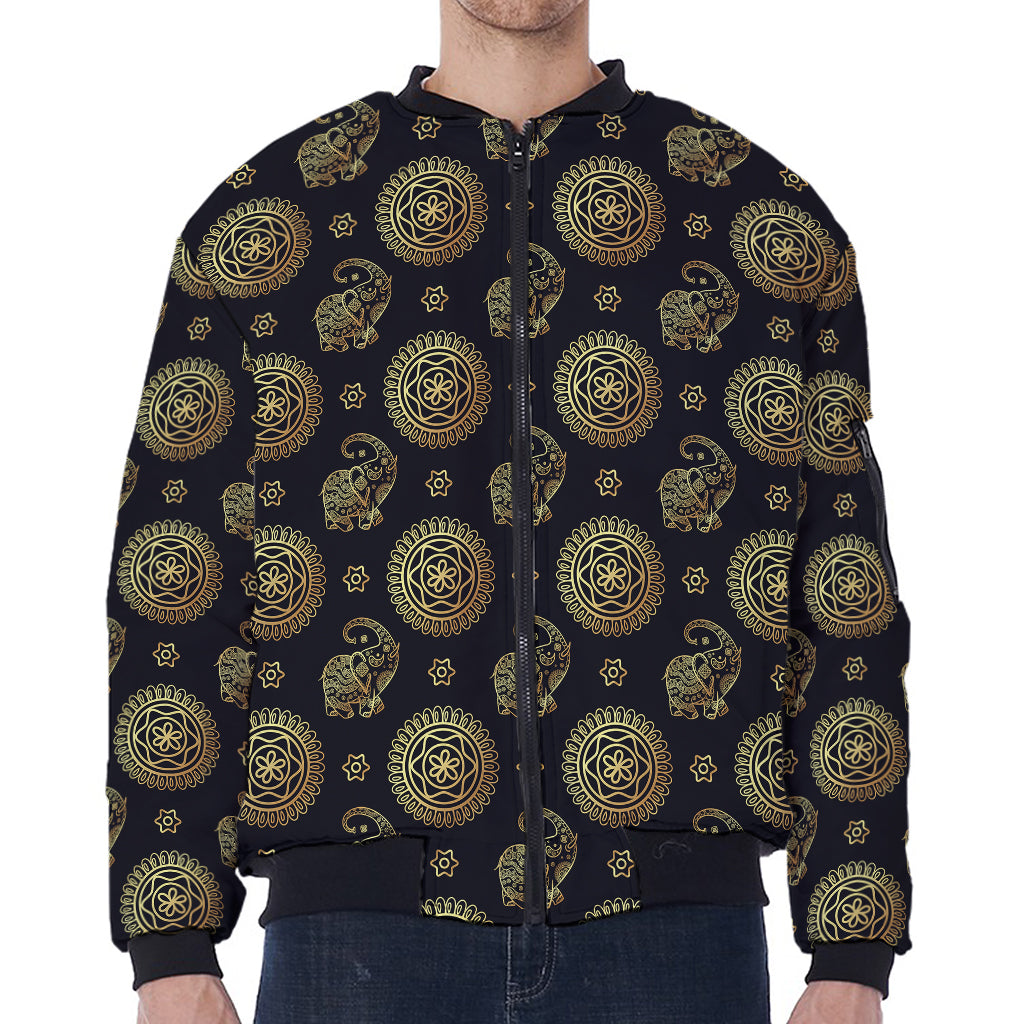 Cute Gold Boho Elephant Pattern Print Zip Sleeve Bomber Jacket