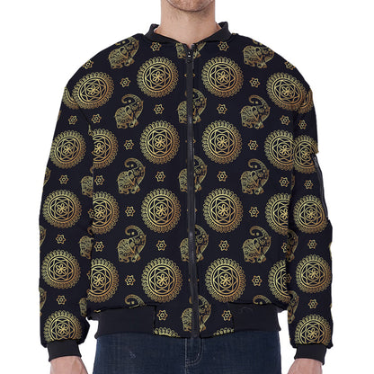 Cute Gold Boho Elephant Pattern Print Zip Sleeve Bomber Jacket