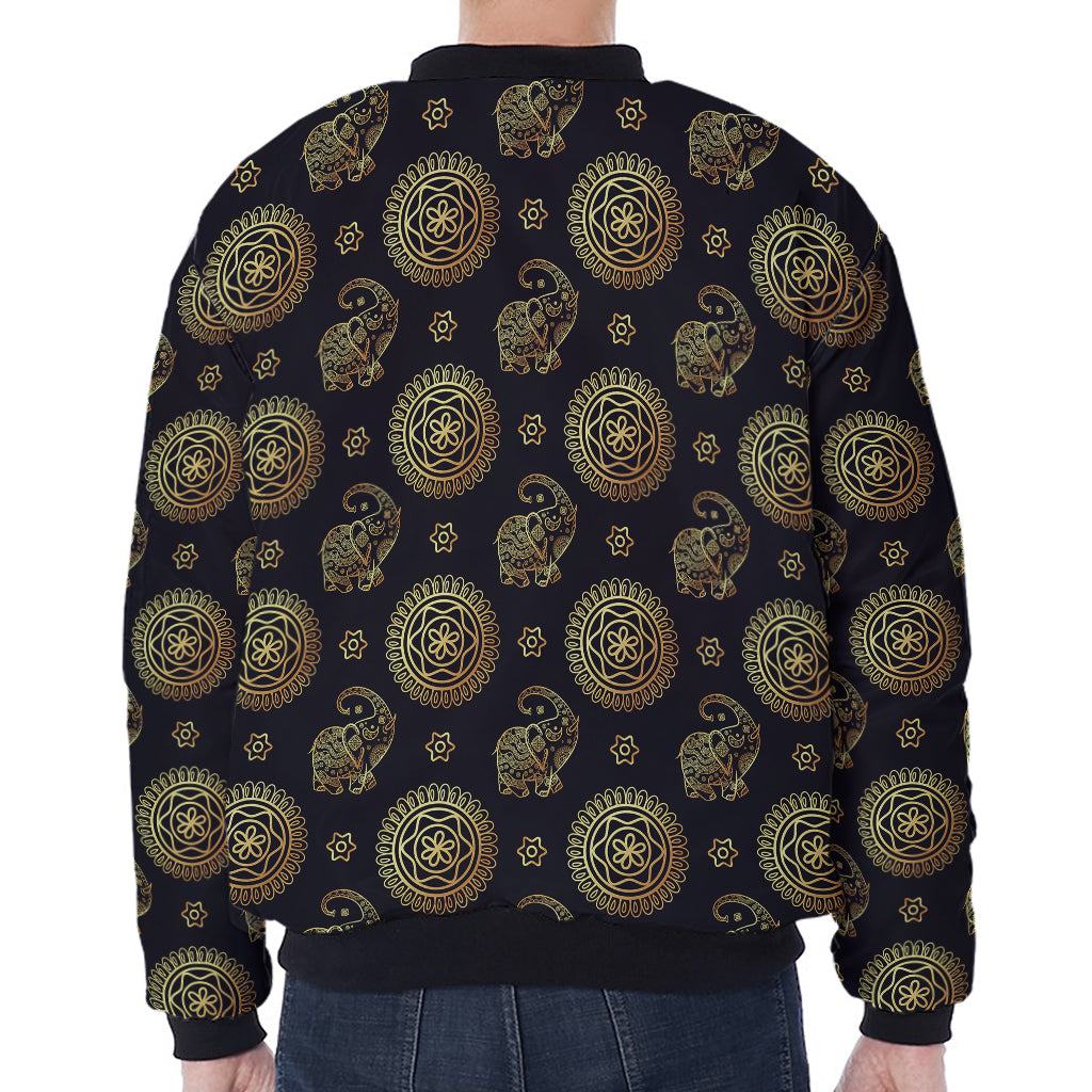 Cute Gold Boho Elephant Pattern Print Zip Sleeve Bomber Jacket