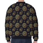 Cute Gold Boho Elephant Pattern Print Zip Sleeve Bomber Jacket