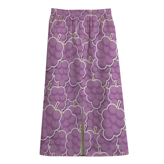 Cute Grape Pattern Print Cotton Front Slit Maxi Skirt