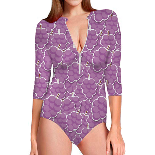 Cute Grape Pattern Print Long Sleeve Swimsuit