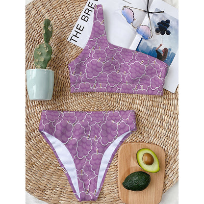 Cute Grape Pattern Print One Shoulder Bikini Top