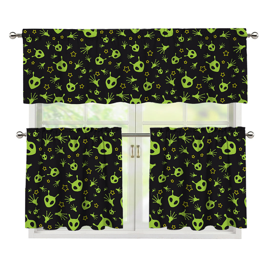 Cute Green Alien Pattern Print 3 Piece Kitchen Curtains