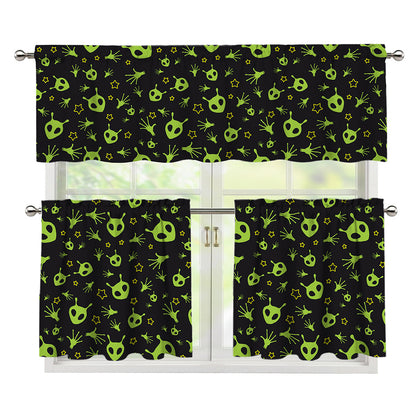 Cute Green Alien Pattern Print 3 Piece Kitchen Curtains