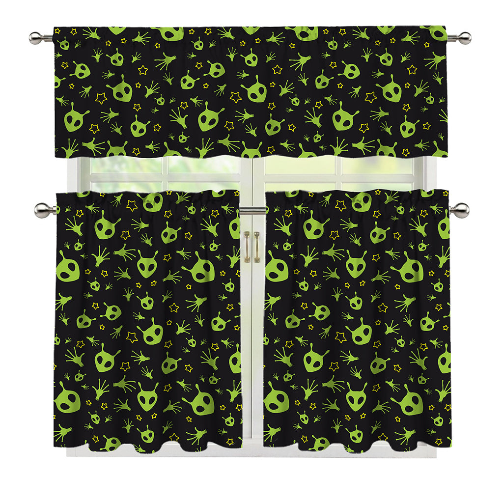 Cute Green Alien Pattern Print 3 Piece Kitchen Curtains