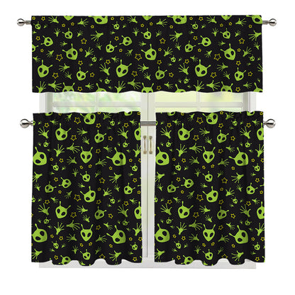 Cute Green Alien Pattern Print 3 Piece Kitchen Curtains