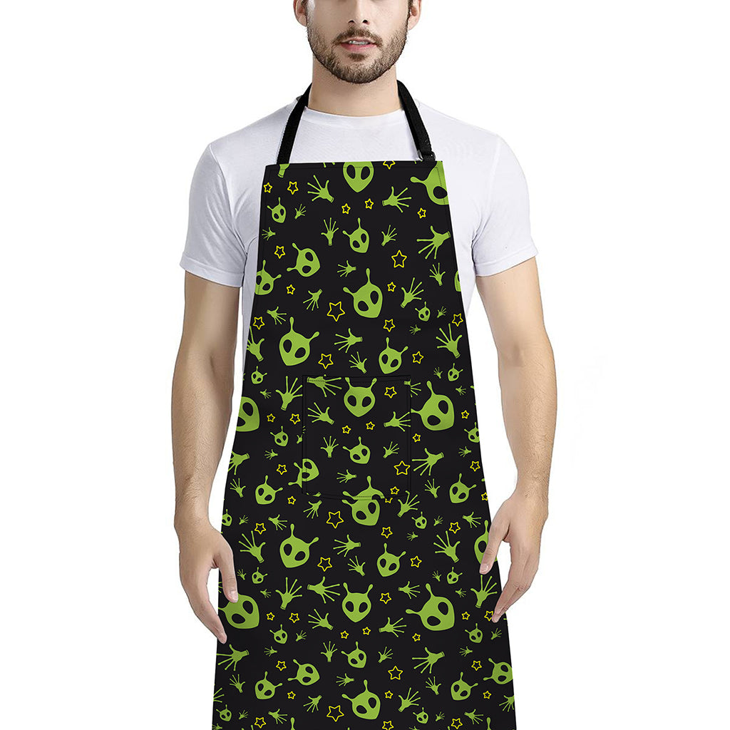 Cute Green Alien Pattern Print Bib Apron With Pocket