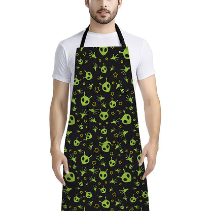 Cute Green Alien Pattern Print Bib Apron With Pocket