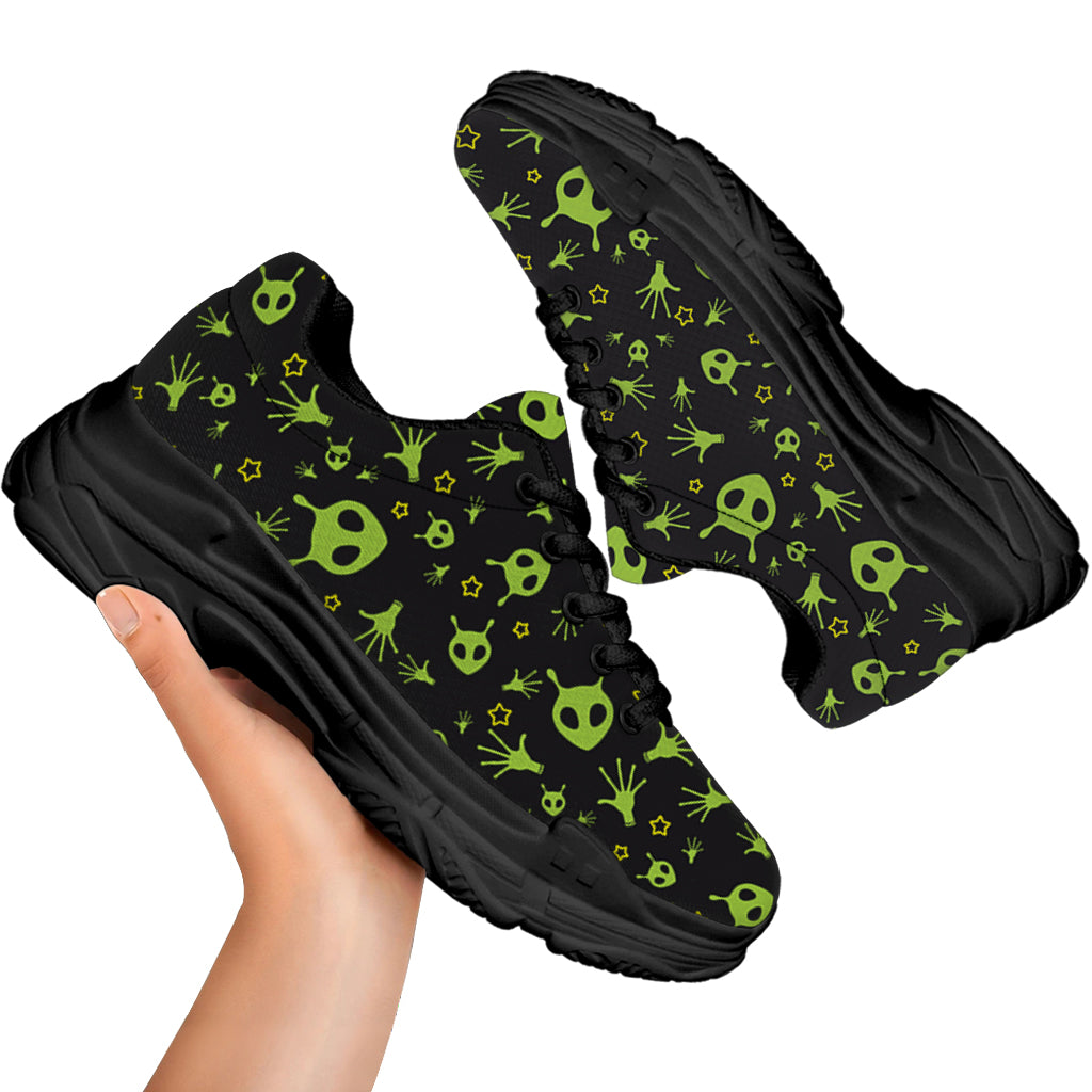 Cute Green Alien Pattern Print Black Chunky Shoes