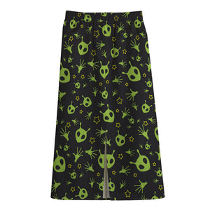 Cute Green Alien Pattern Print Cotton Front Slit Maxi Skirt