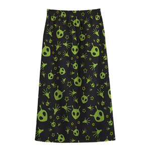 Cute Green Alien Pattern Print Cotton Front Slit Maxi Skirt