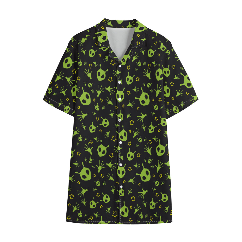 Cute Green Alien Pattern Print Cotton Hawaiian Shirt