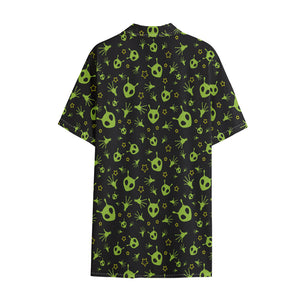 Cute Green Alien Pattern Print Cotton Hawaiian Shirt