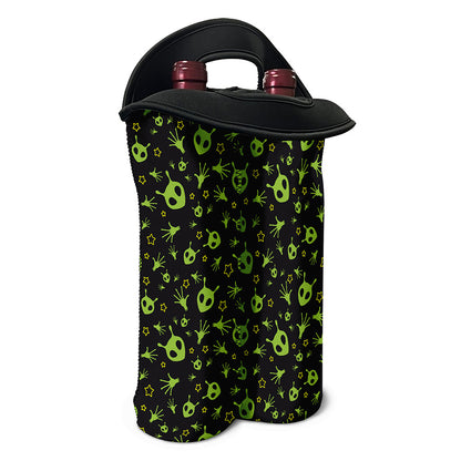 Cute Green Alien Pattern Print Double Neoprene Wine Tote