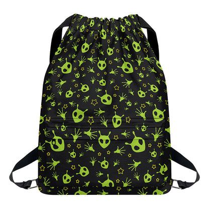 Cute Green Alien Pattern Print Drawstring Backpack