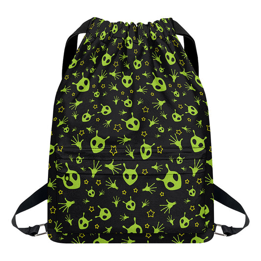 Cute Green Alien Pattern Print Drawstring Backpack