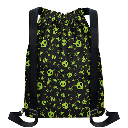 Cute Green Alien Pattern Print Drawstring Backpack