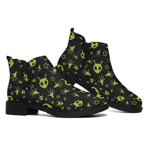 Cute Green Alien Pattern Print Flat Ankle Boots