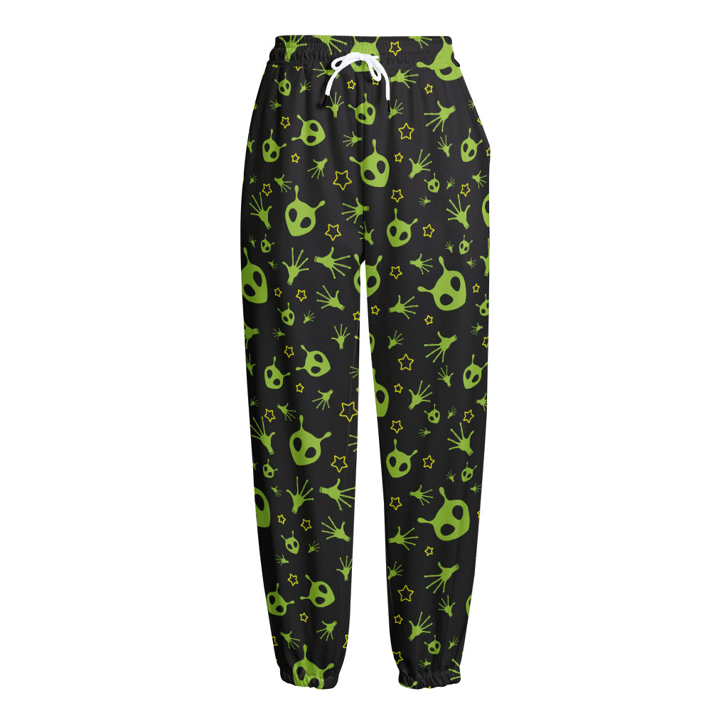 Cute Green Alien Pattern Print Fleece Lined Knit Pants