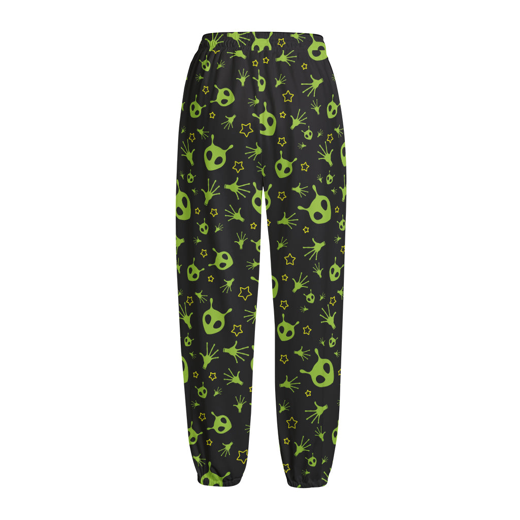 Cute Green Alien Pattern Print Fleece Lined Knit Pants