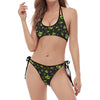 Cute Green Alien Pattern Print Halter Scoop Tie Side Bikini