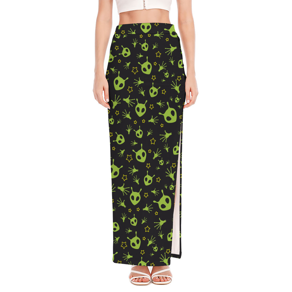 Cute Green Alien Pattern Print High Slit Maxi Skirt