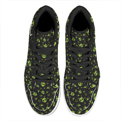 Cute Green Alien Pattern Print High Top Leather Sneakers