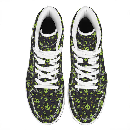 Cute Green Alien Pattern Print High Top Leather Sneakers