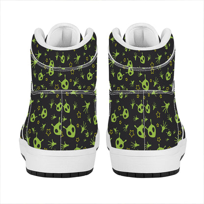 Cute Green Alien Pattern Print High Top Leather Sneakers