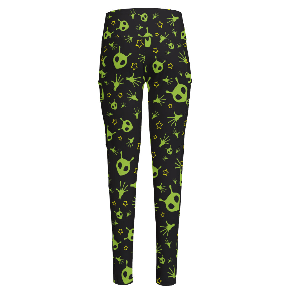 Cute Green Alien Pattern Print High-Waisted Pocket Leggings