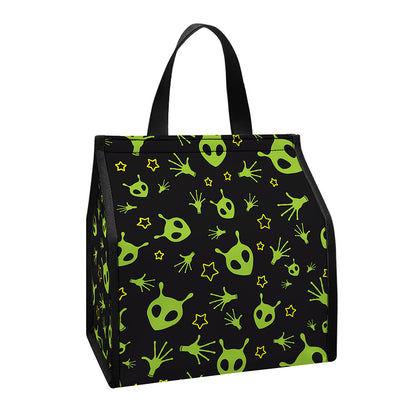 Cute Green Alien Pattern Print Insulated Lunch Tote