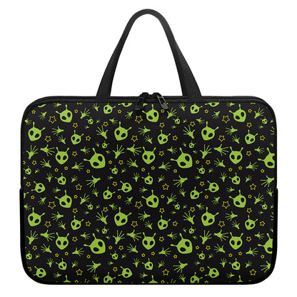 Cute Green Alien Pattern Print Laptop Sleeve With Handle