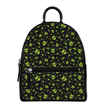 Cute Green Alien Pattern Print Leather Backpack