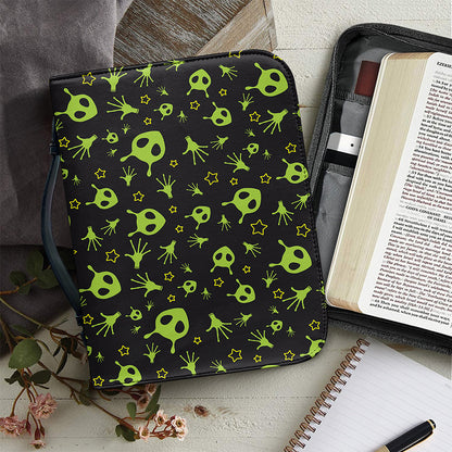 Cute Green Alien Pattern Print Leather Bible Cover