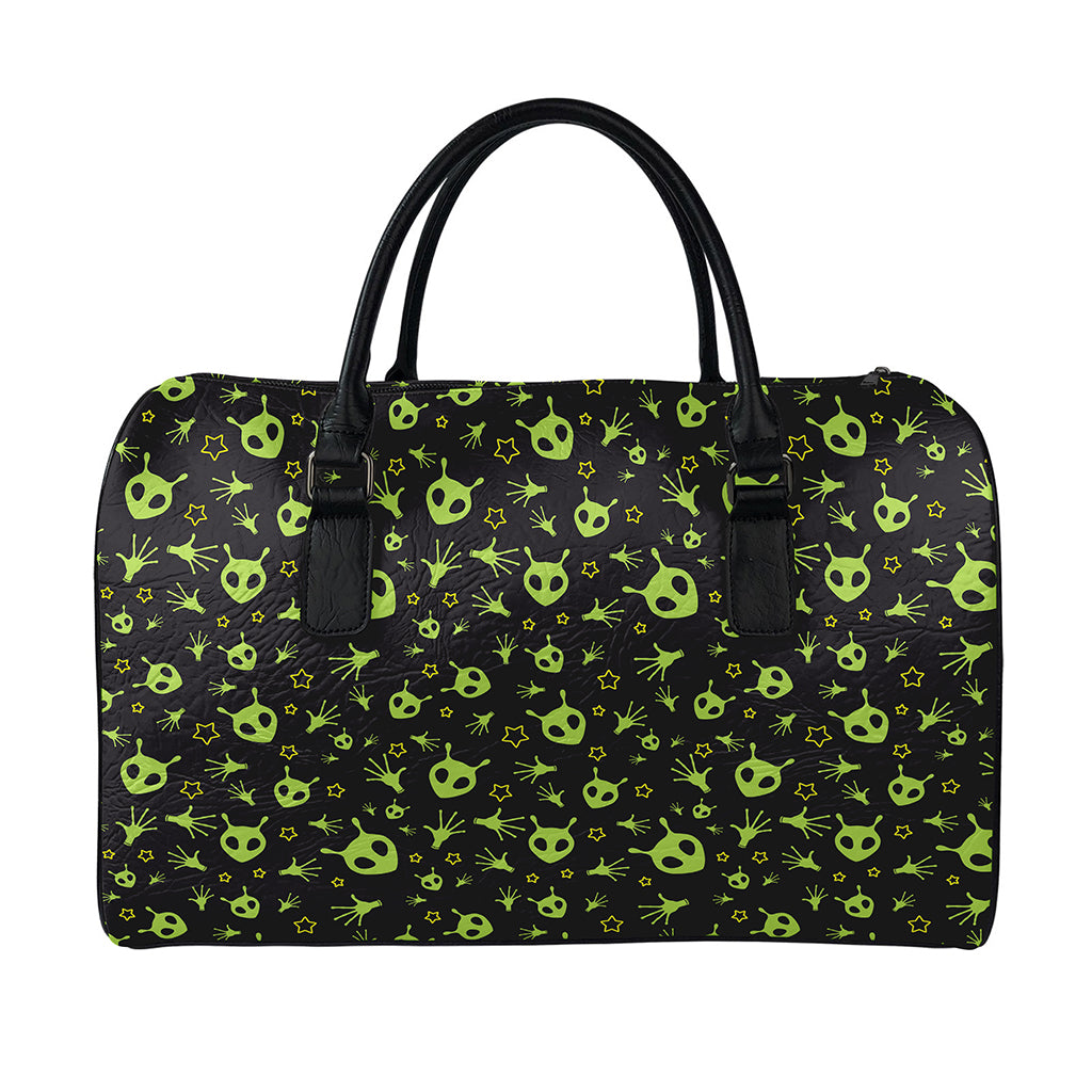 Cute Green Alien Pattern Print Leather Duffle Bag