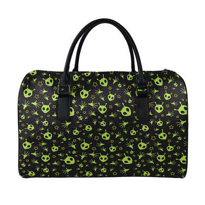 Cute Green Alien Pattern Print Leather Duffle Bag