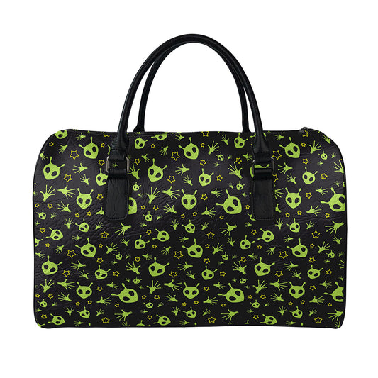 Cute Green Alien Pattern Print Leather Duffle Bag