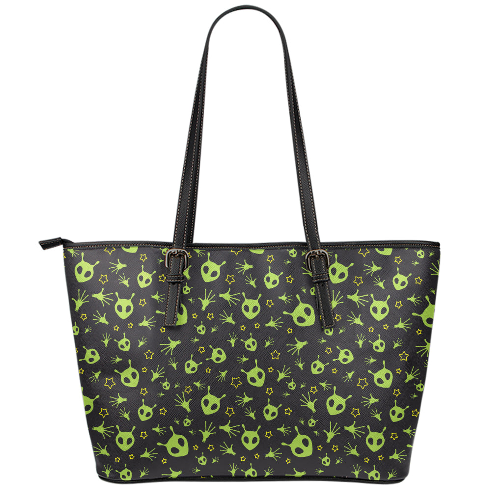 Cute Green Alien Pattern Print Leather Tote Bag