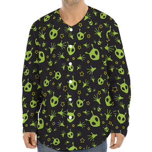 Cute Green Alien Pattern Print Long Sleeve Baseball Jersey