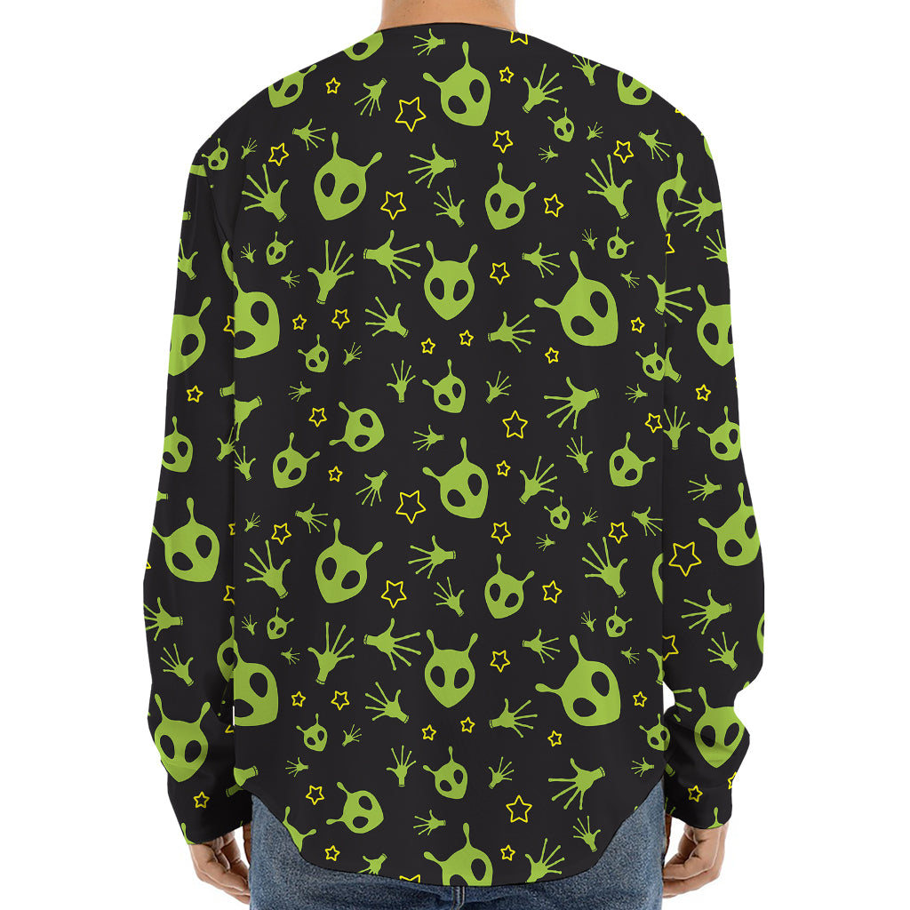 Cute Green Alien Pattern Print Long Sleeve Baseball Jersey