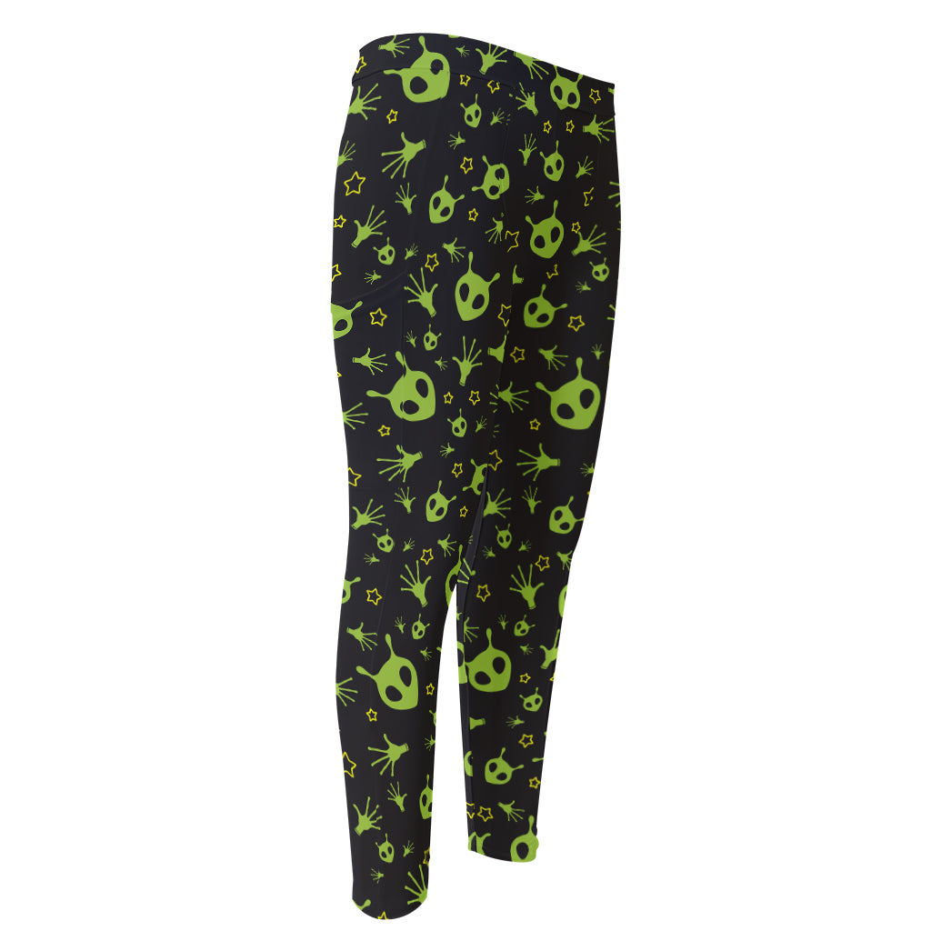 Cute Green Alien Pattern Print Men's Compression Pants