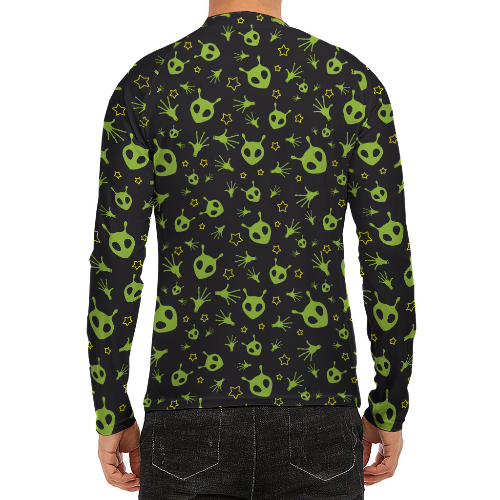 Cute Green Alien Pattern Print Men's Long Sleeve Rash Guard