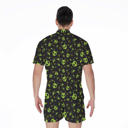 Cute Green Alien Pattern Print Men's Rompers