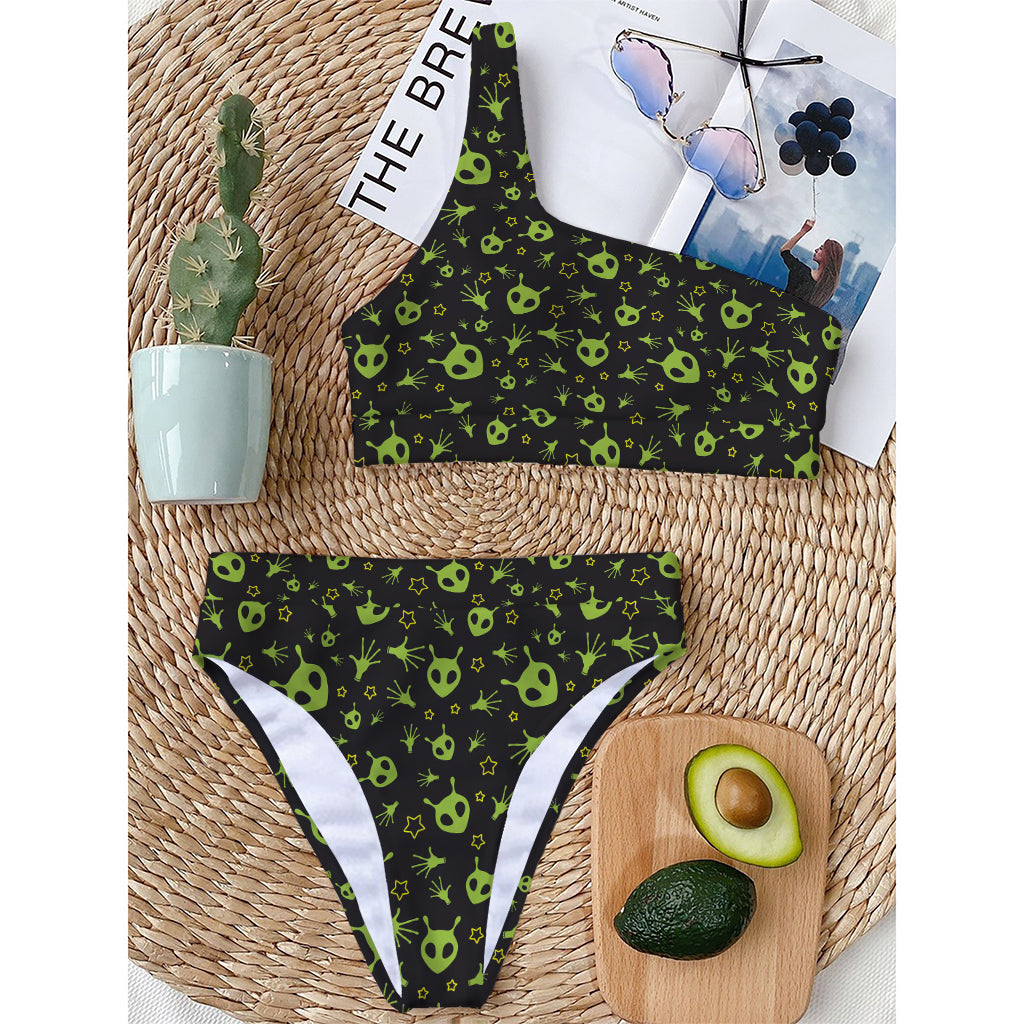 Cute Green Alien Pattern Print One Shoulder Bikini Top