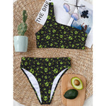 Cute Green Alien Pattern Print One Shoulder Bikini Top