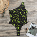 Cute Green Alien Pattern Print One Shoulder Bodysuit