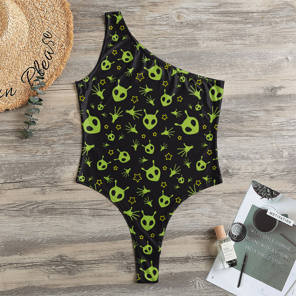 Cute Green Alien Pattern Print One Shoulder Bodysuit