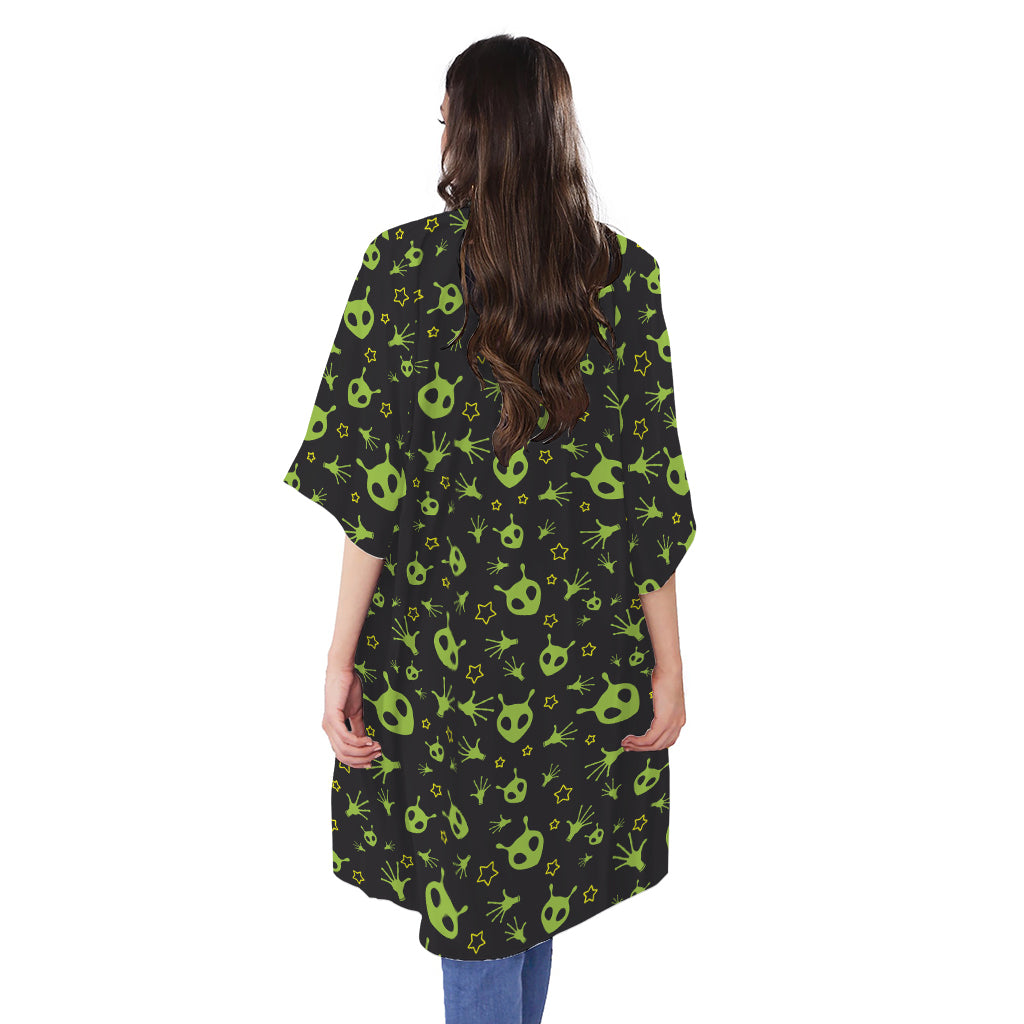 Cute Green Alien Pattern Print Open Front Beach Cover Up