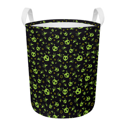 Cute Green Alien Pattern Print Round Laundry Basket
